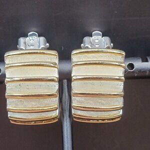 Vintage Signed Givenchy Gold Tone And White Ribbed Clip On Earrings